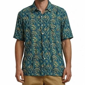 90s CEZAR Green Tan Silk Button Up Shirt sz S Tropical Boho Resortwear Casual